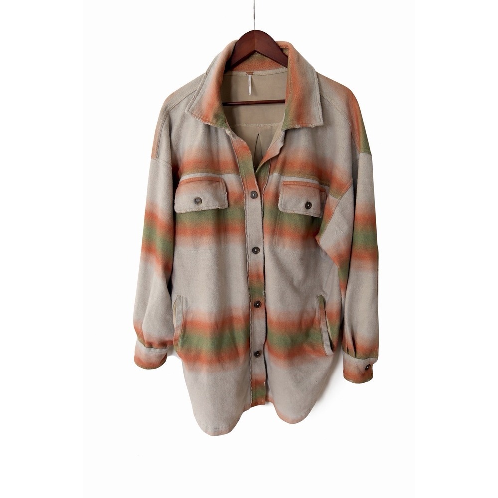 Free People Ruby Jacket XL Sunset Ombre‎ Stripe Fleece Shacket Orange Green XL